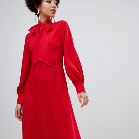 - Warehouse Pussybow neck tie Maxi Dress Red Asos - Picture 2 of 9